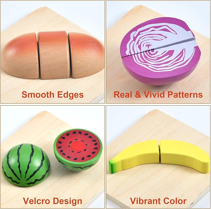 WHOHOLL Wooden Play Food for Kids Kitchen Playset, Play Kitchen Accessories Pretend Cutting Food Montessori Toys for 3+ Year Old with Basket, Toy Food for Fine Motor Skills