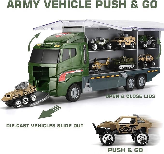 26 Pcs Military Truck with Soldier Men Set(2 in 1), Mini Die-cast Battle Car in Carrier Truck, Army Toy Double Side Transport Vehicle for Kid Child Girl Boy Play Birthday Party Favors