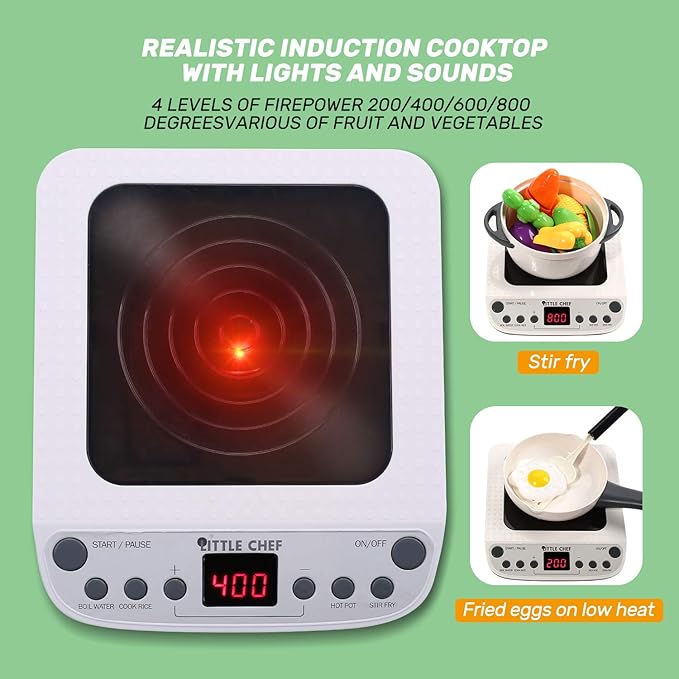 CUTE STONE Pretend Play Kitchen Toy with Cookware Steam Pressure Pot and Electronic Induction Cooktop, Cooking Utensils, Toy Cutlery, Cut Play Food, Shopping Basket Learning Toy for Girls Boys