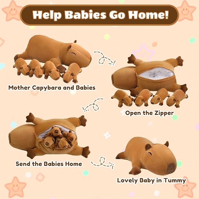 SQEQE Stuffed Capybara Plush - Cute Capybara Mommy with 4 Babies Surprise Soft Animal Toy Christmas, Valentine's, Birthday Gifts Ideal for Boys and Girls