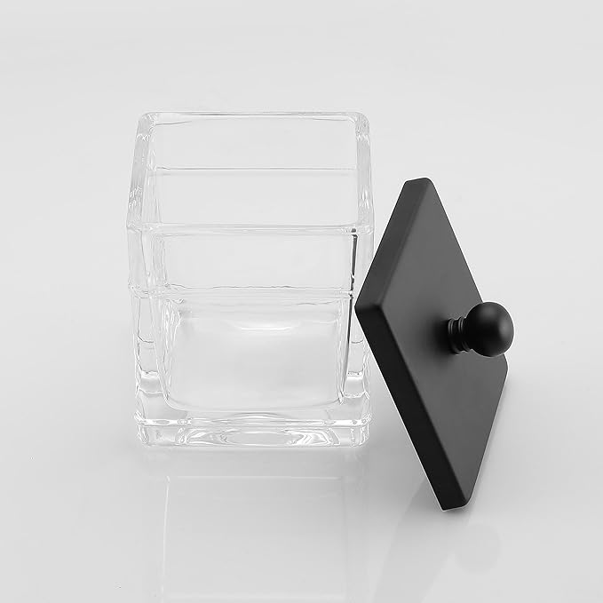 H Halston Apothecary Glass Cotton Jar Holder for Qtips, Cotton Balls, Floss, Storage Canister, Bathroom Organization, With Matte Black 304L Stainless Steel Lid, Makeup Vanity Organizer