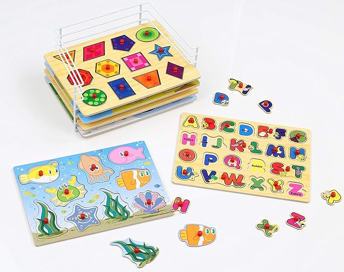 Etna Products Wooden Puzzles Set, Includes 6 Educational Puzzles and Wire Storage Rack - ABC, Numbers, Shapes, Vehicles and Animals - For Kids Age 3 Plus
