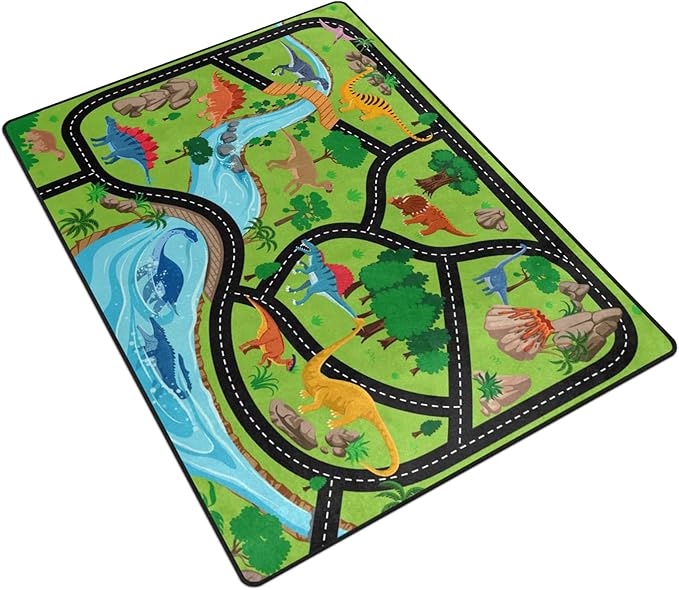 Kids Rug, Jurassic Forest Park Road System Playmat Rugs - 5x7 Ft Kids Carpet with Rubber Backing, Stegosaurus Spinosaurus Dinosaur Play Mat Great for Playing with Cars for Bedroom Playroom Nursery Rug