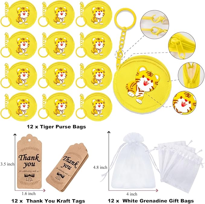 36 Pack Tiger Change Purses Set Include 12 Wallets with Keyring,12 Tags and 12 Organza Bags for Tiger Jungle Safari Themed Pary,Creative Souvenirs,Birthday Decor,Yellow