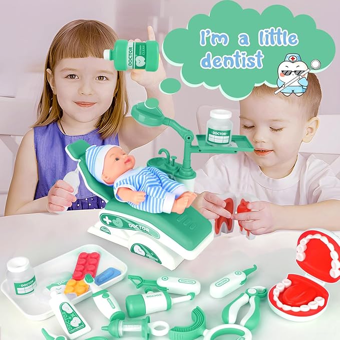 Doctor Kit for Toddlers 3-5, 28 Pcs Kids Dentist Play Set for Girls Boys Gift, Pretend Play Medical Kit with Chair, Dental Tools, Cute Doll, Kids Role Play Dentist Gift for Birthday Christmas(Green)