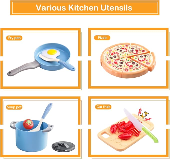 80Pcs Kitchen Playset, Toddler Pretend Cooking with Pots, Pans, Cookware, Food, Picnic Blanket, Fruits, Veges, Shopping Storage Basket, Dessert , Learning Gift for Girls Boys (Blue)