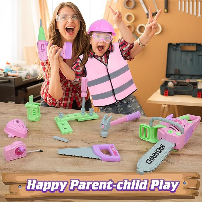 WishaLife Kids Tool Set for Girls - Toddler Tool Set with Toy Chainsaw, Drill, Pretend Play Construction Tools Toy Gift for Kids Age 3 4 5 6 7