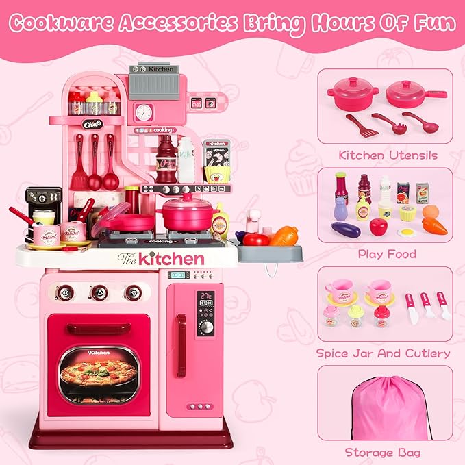 Kids Kitchen Playset, 27.1 Inches Play Kitchen with Sound and Light, Kitchen Set for Toddlers 1-3 3-5, Cooking Stove, Play Sink and Kitchen Accessories, Toy Kitchen (Pink)