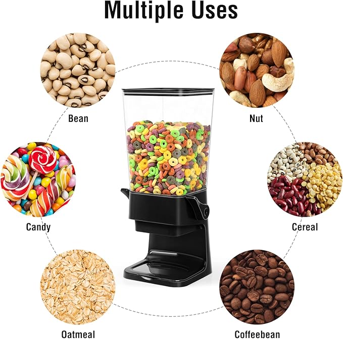 Cereal Dispenser Countertop Dual Dry Food Dispenser Large Cereal Containers Storage Organizer Dispensador De Cereales Candy Machine Rice Dispenser For Snack,Nuts, Granola(Black,1PC)