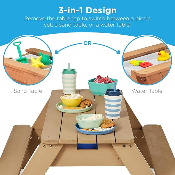 Best Choice Products Kids 3-in-1 Sand & Water Table, Wood Outdoor Convertible Picnic Table w/Umbrella, 2 Trays, Removable Top, 220lb Capacity Per Bench -Green