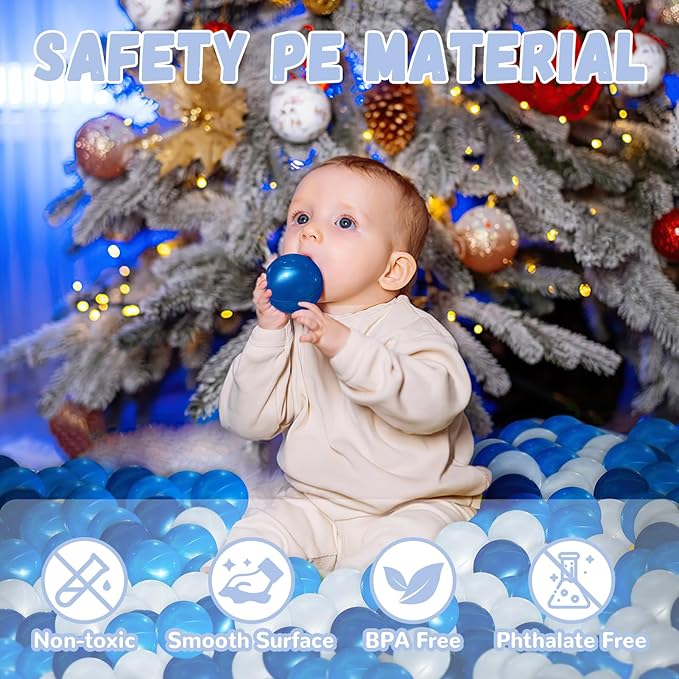 100 Ball Pit Balls for Toddlers, Phthalate & BPA Free Plastic Balls, Crush Proof 2.16" Colorful Balls for Ball Pit Play Toys for Kids with Storage Bag (Pearl Blue, Light Blue, White)