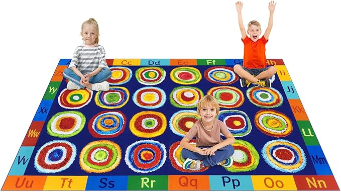 Classroom Rug 24 Seats Alphabet Educational Area Rug for Classroom Preschool Kids Room，ABC Kids Rug Rainbow Classroom Carpet, Playroom or Home Learning Floor Mat, 7'6" x 12', Deep Blue