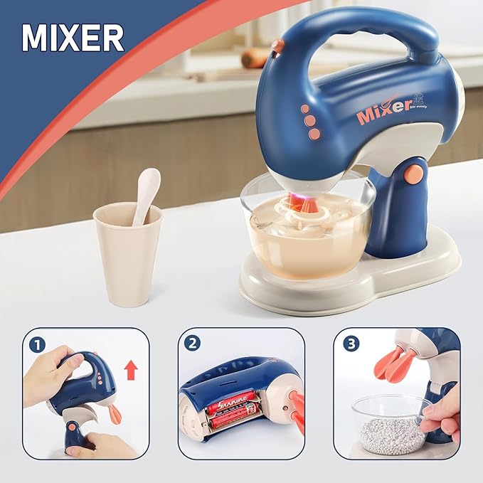 Kids Assorted Kitchen Appliance Play Toys Includes Coffee Maker ,Blender,Fruit Machine and Toaster ,Apron and Cups,with Realistic Lights& Sounds,Learning Gift for Toddlers Baby Girls Boys-Blue