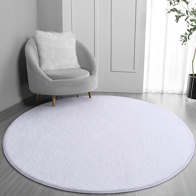 FlyDOIT Round Area Rugs for Bedroom Living Room, 4x4 White Super Soft Comfy Thickened Memory-Foam Indoor Circle Carpets, Modern Aesthetic Minimalist Carpet for Boys Girls Adults Nursery Home Décor