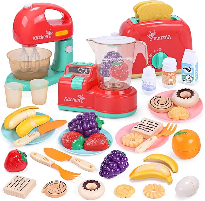 CUTE STONE Toy Appliances Playset, Kids Mixer and Blender with Sound & Lights, Toaster, Cutting Play Food, Toddler Kitchen Accessories Set for Boys & Girls