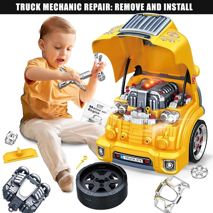 MUGEYMYD Large Truck Engine Toy for Kids 3-5, Take Apart Motor Vehicle Pretend Play Car with Light and Sound, Kids Mechanic Workshop Set, Toy Engine Building Kit for Toddlers.