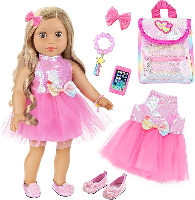 American 18 Inch Doll Clothes and Accessories, Sequin Doll Backpack Accessories Set Included 18 inch Girl Doll Backpack,Sequin Gauze Dress,Doll Shoes,Bow Knot Hairpin,Hand Chain(No Doll)