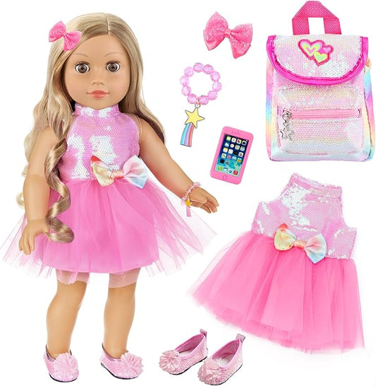 American 18 Inch Doll Clothes and Accessories, Sequin Doll Backpack Accessories Set Included 18 inch Girl Doll Backpack,Sequin Gauze Dress,Doll Shoes,Bow Knot Hairpin,Hand Chain(No Doll)