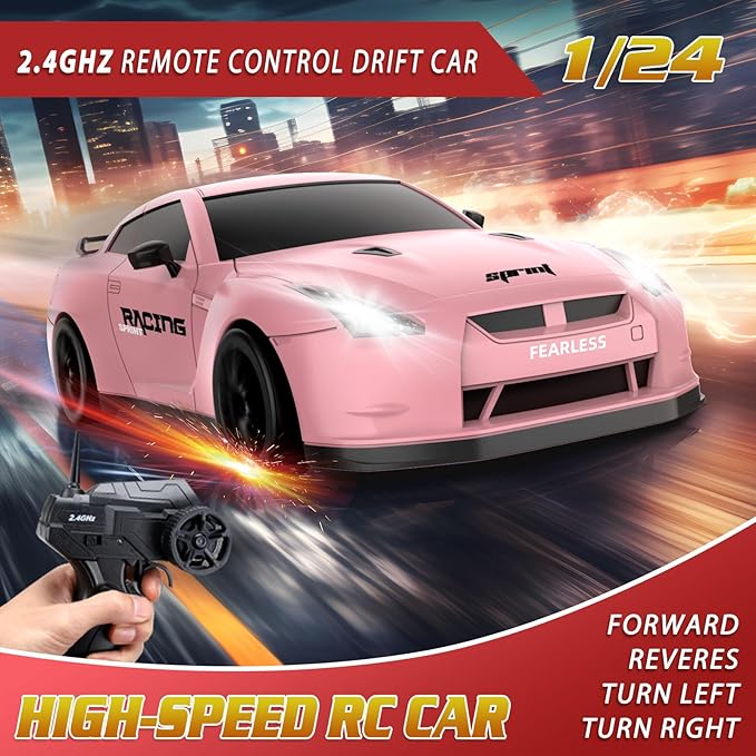 Remote Control Car RC Drift Car 2.4GHz 1:24 Scale 4WD 15KM/H High Speed Model Vehicle with LED Lights Drifting Tire Racing Sport Toy Car for Adults Boys Girls Kids Gift 2Pcs Rechargeable Batteries
