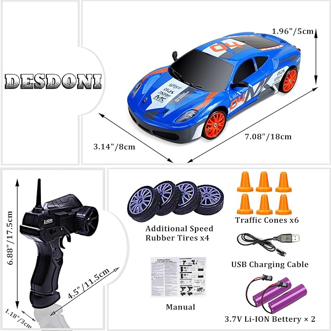 RC Drift Car Remote Control Car 2.4GHz 1:24 Scale 4WD 15KM/H High Speed Model Vehicle LED Lights Drifting Tire Racing Sport Toy for Adult Boys Girls Kids Gift 2Pcs Rechargeable Batterie