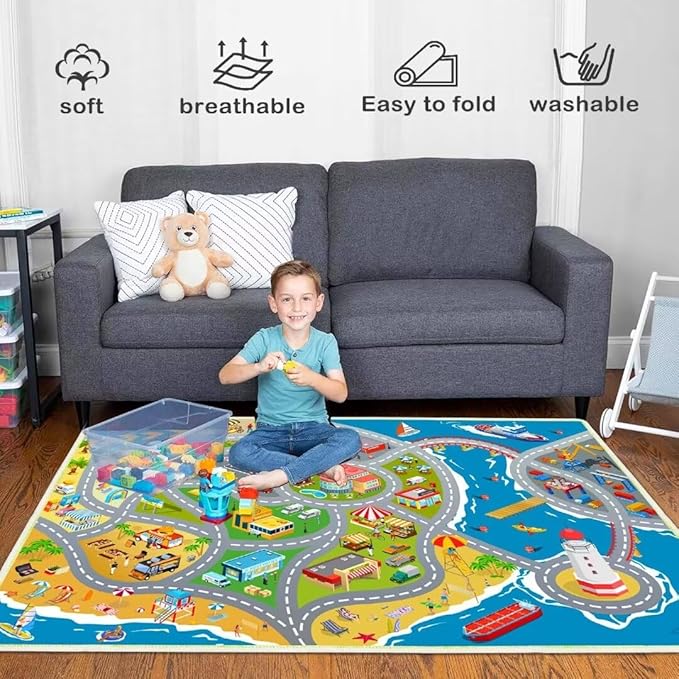 Kids car Rug playmat with Non-Slip Backing for Boys and Girls playroom, Parent-Child Interactive Play Carpet
