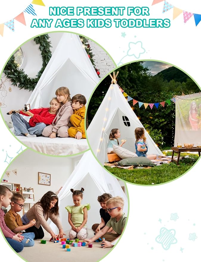 Teepee Tent for Kids Slumber Party 2 Pack: Star Lights & Colored Flag - Indoor Outdoor Toddler Play Tent for Girls Boys Birthday Gifts Sleepover Party (White)