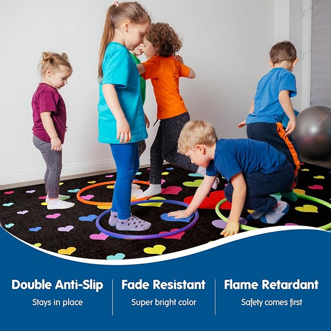 Booooom Jackson Black Classroom Rug Elementary, Large Heart Classroom Carpet Preshool Seating Rug for School, Classroom Area Rug Educational Carpet with Non-Slip Backing (6.5 x 8.5 ft, G004-Love-Plus)