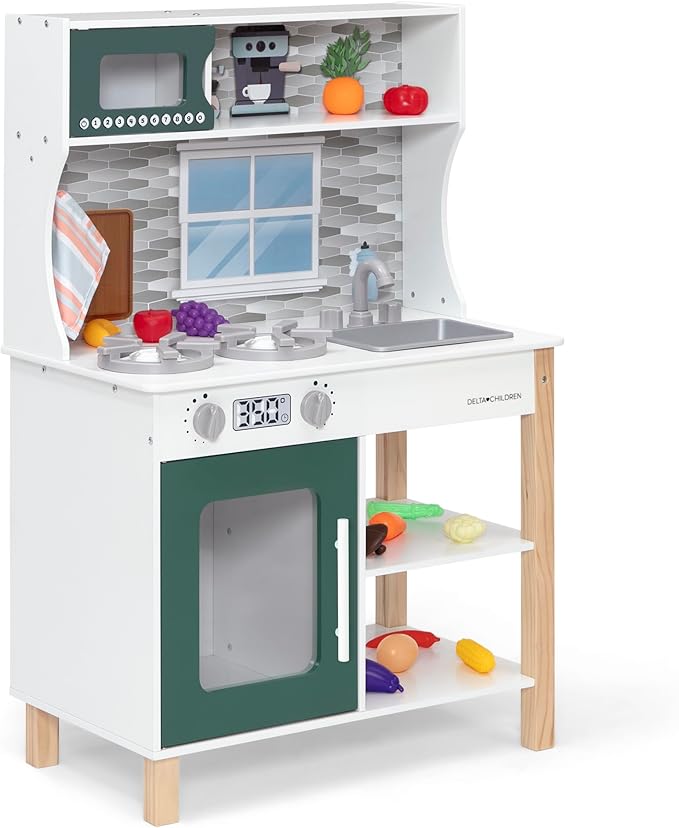 Delta Children Tiny Chef Play Kitchen - Toy Kitchen Playset with Realistic Knobs That Turn/Click, Oven, Sink, Microwave and 15 Pieces of Play Food, Green