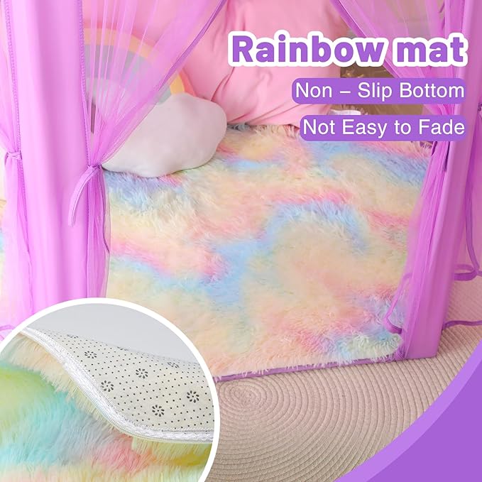 Princess Tent for Girls Indoor: with Rainbow Rug, Star Lights - Purple Play Tent for Kids, Girls Toys for Indoor Princess Games