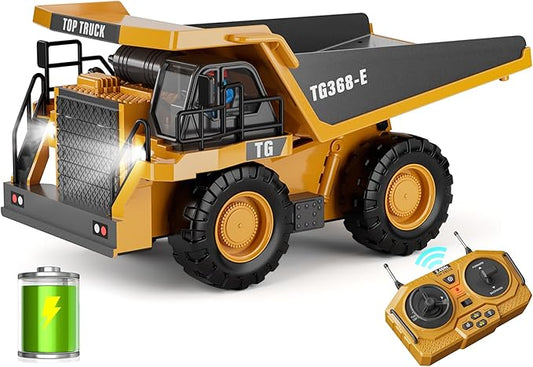 RC Dump Truck Toy, 9-Channel Remote Control Toy with Metal Bed & Light, Rechargeable Battery, Kids Construction Vehicle Truck for 3+ Boys, Perfect 2024 Kid Birthday Gift for Ages 3-12