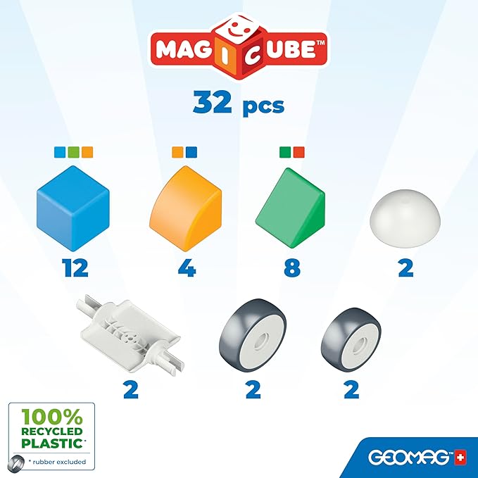 Geomag MagiCube 32-pc Magnetic Blocks Set for Toddlers & Kids Ages 1-5 | Swiss-Made STEM Educational Toy Made from 100% Recycled Plastic | Creative Early Learning Play