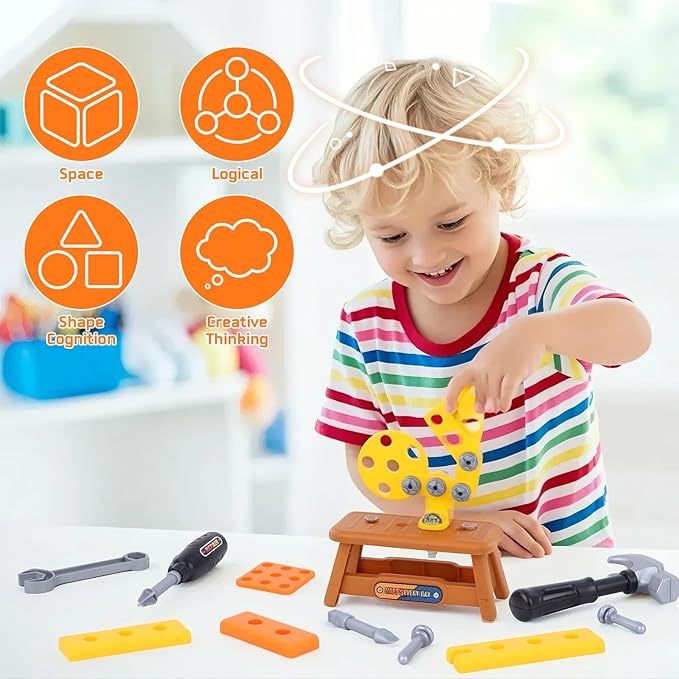 Magic4U 52PCS Toddler Tool Set with Electric Drill Toy & Kids Tape Measure, Pretend Play Construction Toys Costume with Kids Tool Belt, Toy Tool Bag for Boy Girls Age 3-8