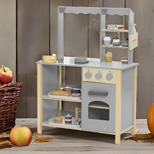 Wooden Play Kitchen Set for Kids, Kids Kitchen Playset Chef Pretend Cooking Set for Toddlers, Children Toys Kitchen with 28 Pcs Toy Bread & Bakeware Accessories