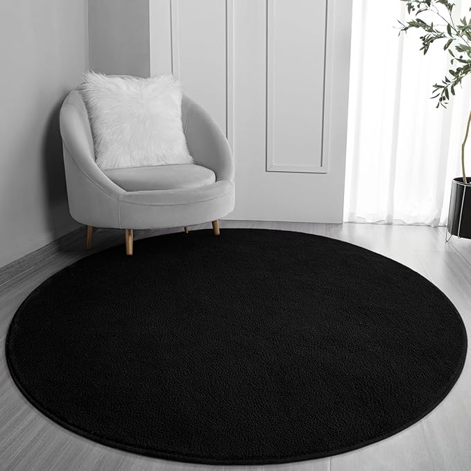 FlyDOIT Round Area Rugs for Bedroom Living Room, 4x4 Black Super Soft Comfy Thickened Memory-Foam Indoor Circle Carpet, Modern Aesthetic Minimalist Carpet for Boys Girls Adults Nursery Home Décor