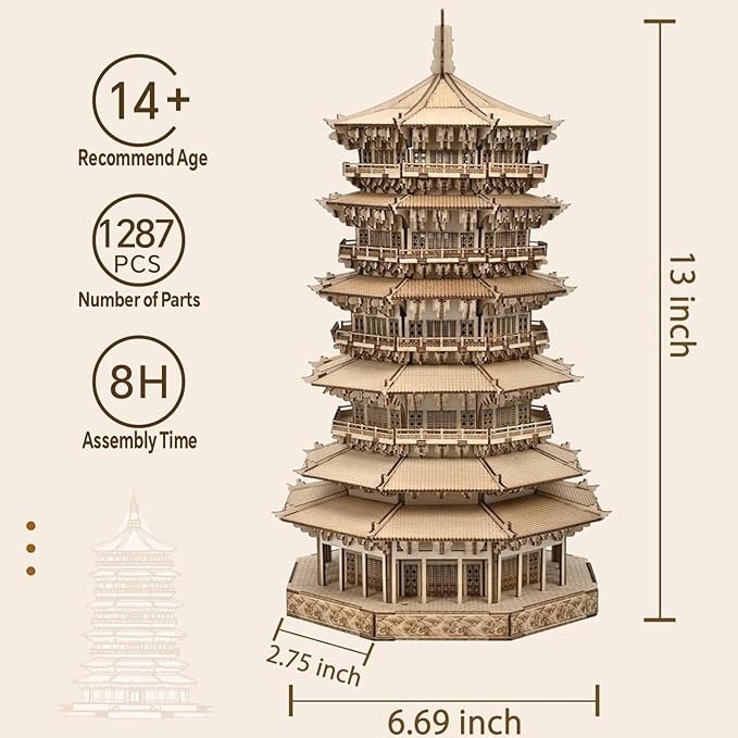 Wooden Pagoda 3D Puzzle for Adults - Wooden Puzzles, Creative Crafts for Adults, Birthday Christmas Party Favors Home Decor Gift - Six-Storied Pagoda with LED Light (1287pcs)