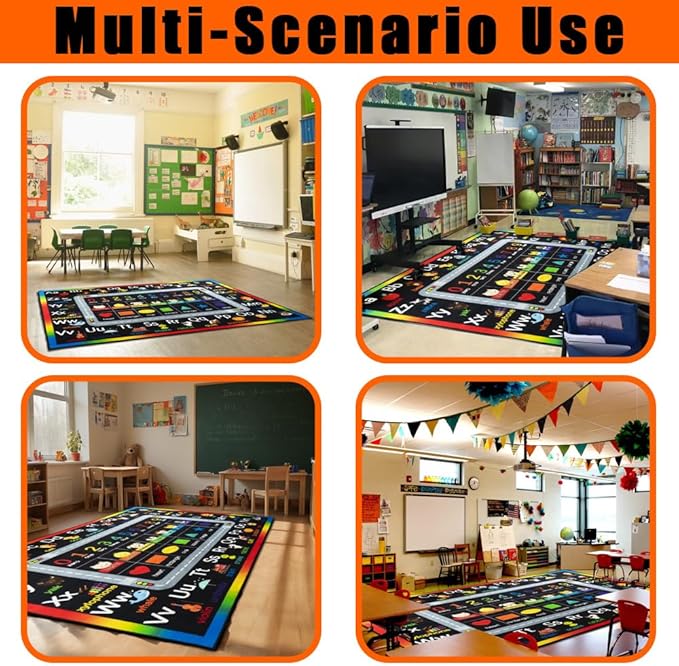 Classroom Rugs for Preschool, Daycare Rug for Classroom,Large Classroom Rug Elementary,Learning Alphabet Educational Rugs for Kids Playroom, Nursery(6'7''x8'7'', Black)