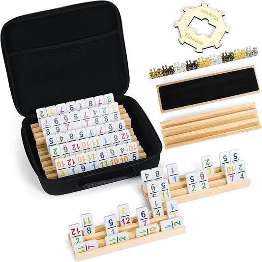 Mexican Train Dominoes Set with Numbers Double 12, Includes 8 Tiles Racks & 9 Metal Trains & Wooden Hub & 91 Colorful Dominoes Tiles with Portable Case for Adults, Travel, Family Game Nighty