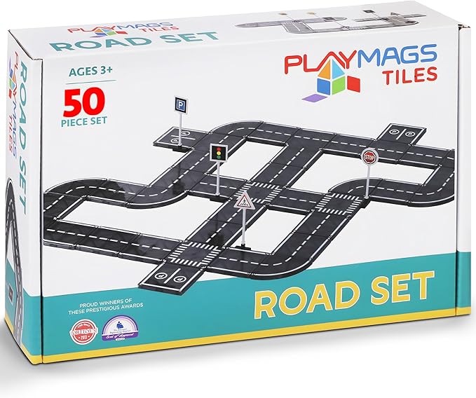 Playmags Magnetic Tiles Road Set - 50 Pcs STEM Educational Construction Toy Car Track, Building Blocks Magnet Toys for Toddlers, Safe for Ages 3+