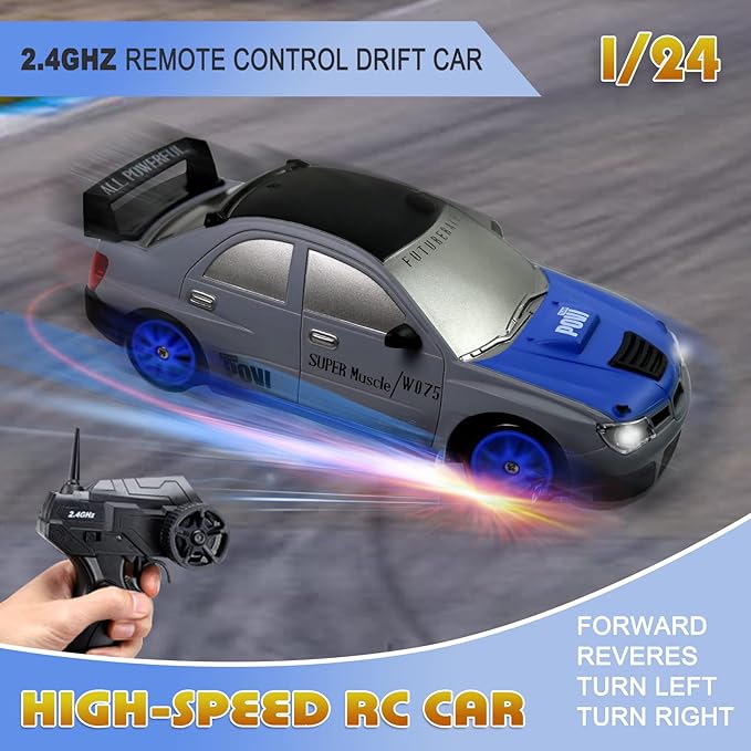 Remote Control Car RC Drift Car 2.4GHz 1:24 Scale 4WD 15KM/H High Speed Model Vehicle with LED Lights Drifting Tire Racing Sport Toy Car for Adults Boys Girls Kids Gift 2Pcs Rechargeable Batteries
