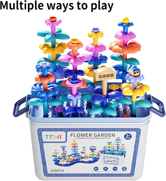 TEMI 165 PCS Flower Garden Building Toys for Toddler, Educational STEM Toy and Preschool Garden Play Set for Toddlers 3 4 5 6 7 Year Old Kids Boys Girls, Flower Stacking Toys for Kids Age 3-8