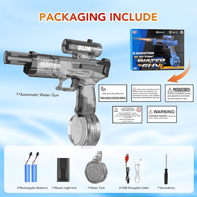 2 Pack Electric Water Guns,Water Soaker Blaster with Muzzle Light,Squirt Gun Range 23-32 FT,Outdoor Party Summer Water Shooting Game Toy with 4 Batteries,Ideal Watergun Gift for Kids & Youths.