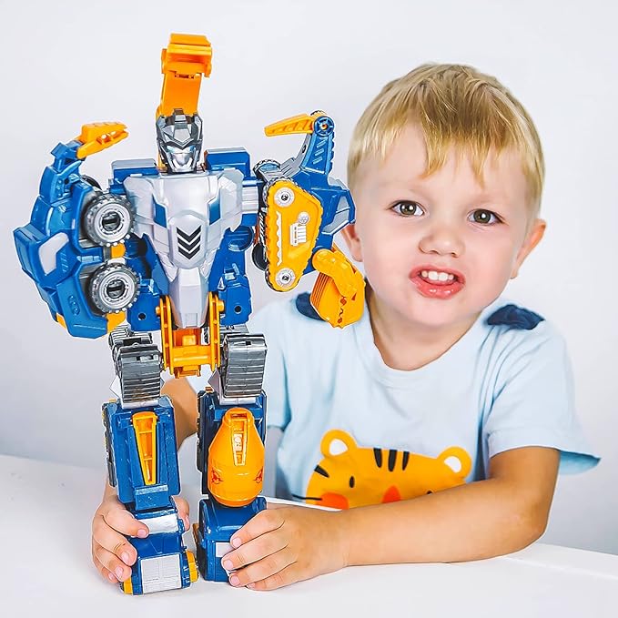 Toddler Construction Car Transform Set, 5pcs Dinosaur Rescue Robot with Magnetic Connectors, Assemble Building Trucks DIY STEM Toy, Holiday Birthday Present for Kids Boy Girl 3 4 5 6 7 Year