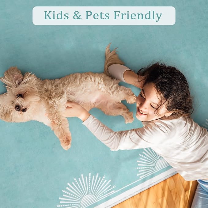 Modern Washable Bedroom Rugs 5x7, Low Pile Soft Teal Rug for Living Room, Aqua Sun Printed Dining Room Rugs for Under Table Throw Carpets for Nursery Kids Room(5'x7',Teal)