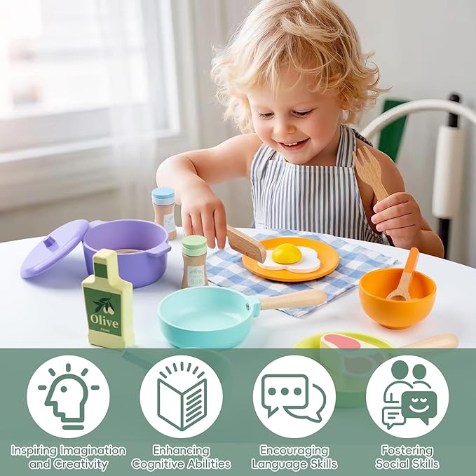 Wooden Kitchen Toys for Toddlers, Montessori Pretend Play Kitchen Accessories, Play Food Sets for Kids Kitchen, Pots and Pans Cooking Sets, Gifts for 3 4 5 Years Old Girls Boys