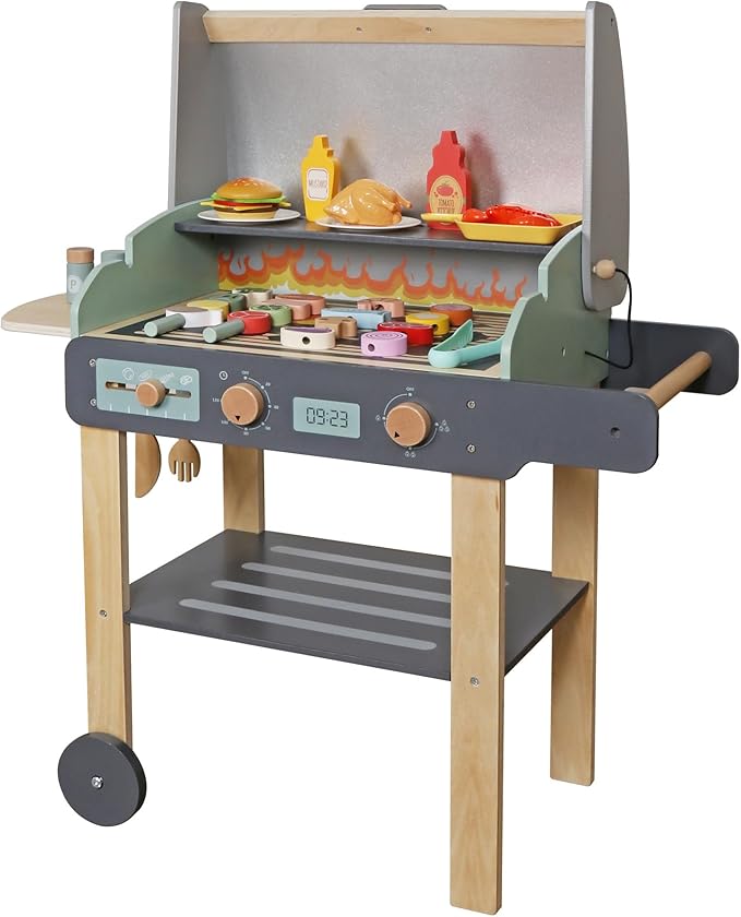 Wooden Play Barbecue Toy Grill, Kids BBQ Playset with Toy Food and Grilling Tools, Cooking Interactive Toys Christmas Birthday Gift for Toddlers Girls Boys 3-6