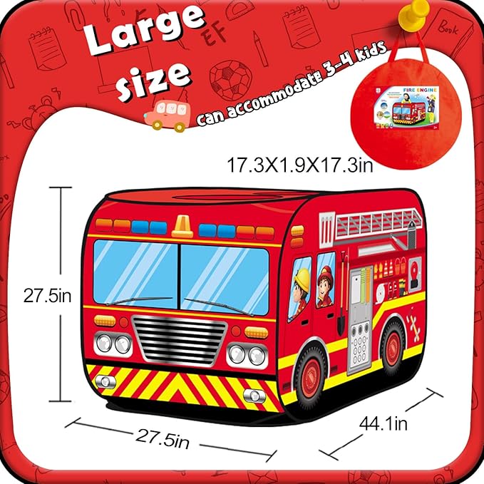 Pop up Play Tent for Kids Aged 1-3 Years Old Boys and Girls : Fire Truck Tent Playhouse Toy Play Tents for Toddlers 3-5 Kids Tent Indoor Outdoor Playhouse Toys for 1 + Year Old, Fire Truck