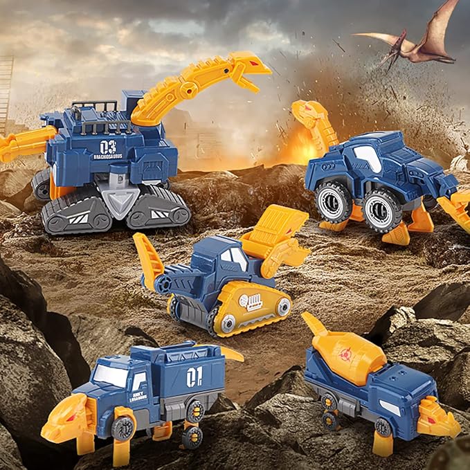 Toddler Construction Car Transform Set, 5pcs Dinosaur Rescue Robot with Magnetic Connectors, Assemble Building Trucks DIY STEM Toy, Holiday Birthday Present for Kids Boy Girl 3 4 5 6 7 Year