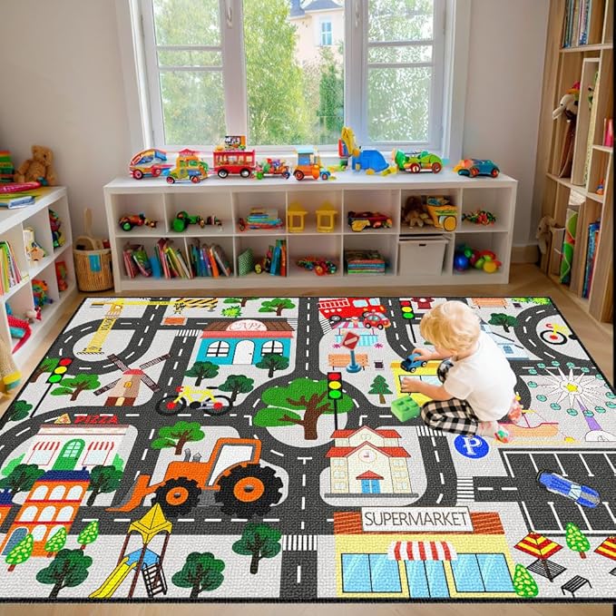 Kids Carpet for Bedroom - Car Rug 5x7 Feet, Kid Educational Traffic Carpet Town City Road Map Carpet, Kids Rug for Playroom Bedroom Boys, Car Mats for Playroom Classroom