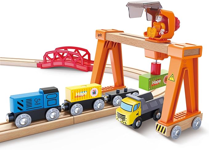 Hape Lift & Load Harbor Set | Toy Train and Boat Set with Cranes, for Children Ages 3Y+