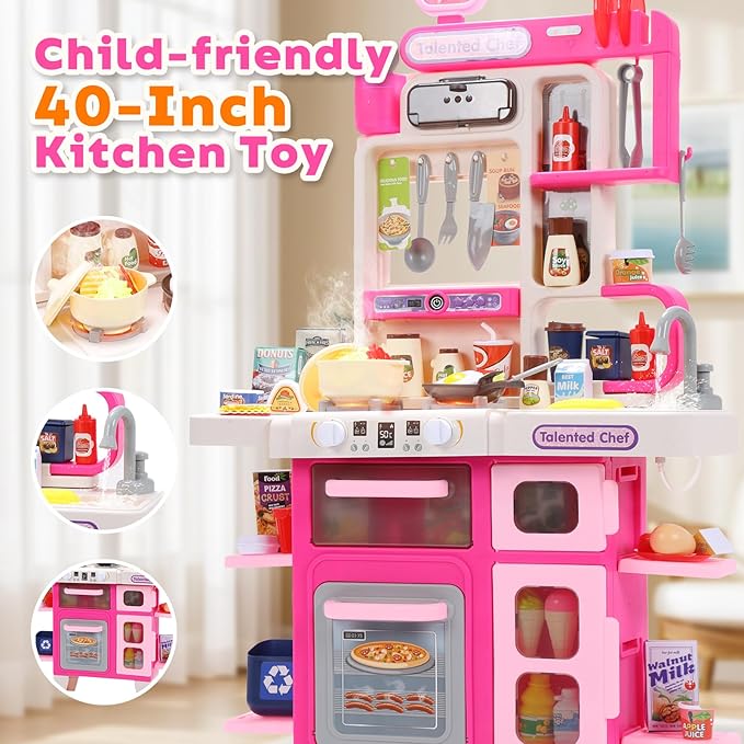 CUTE STONE Kids Kitchen Playset, Play Kitchen Set with Sound & Light, Cooking Stove with Steam, Toy Sink,Play Food Toy and Kitchen Accessories for Pretend Play, Kitchen Toy Set for Toddler Girls, Pink